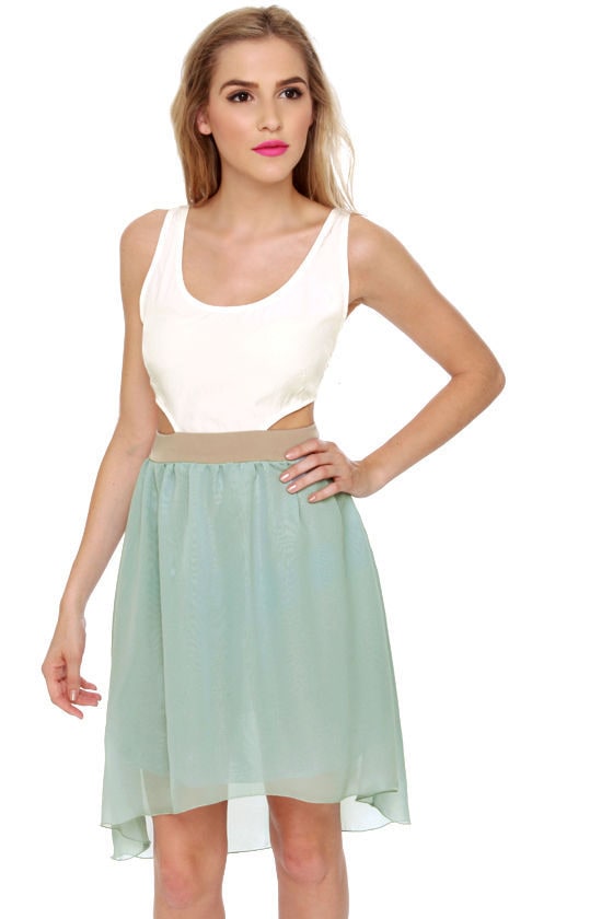 LULUS Exclusive Get My Drift Taupe and Blue Dress